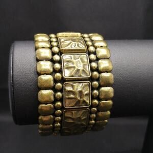 Bohemian Brass Tone Wide Stretch Bracelet, 7 Inches